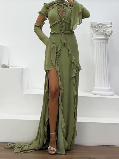 Cold Shoulder Ruffled High Slit Chiffon Gown