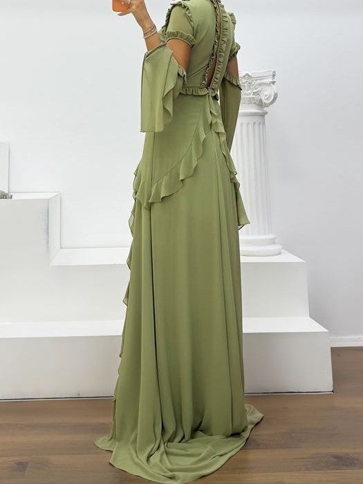 Cold Shoulder Ruffled High Slit Chiffon Gown