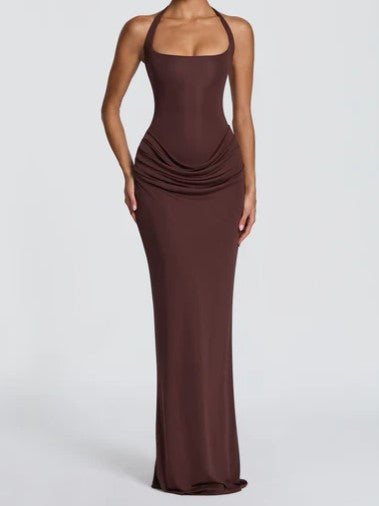 Chocolate Brown Halter Draped Maxi Dress