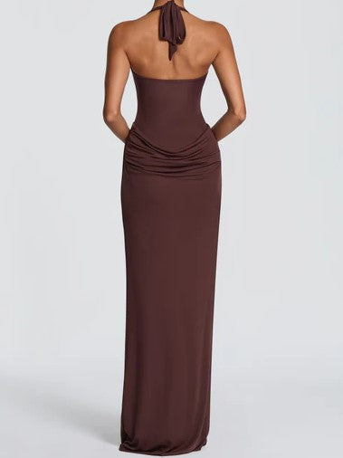 Chocolate Brown Halter Draped Maxi Dress