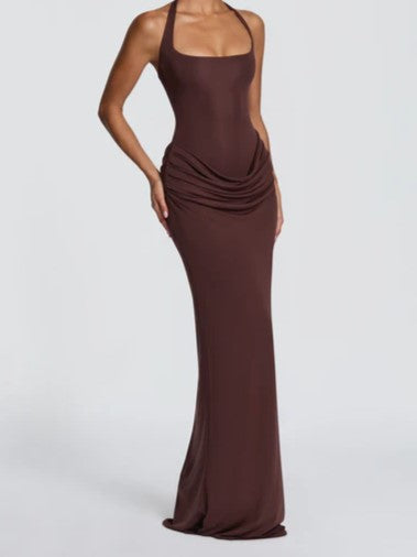 Chocolate Brown Halter Draped Maxi Dress