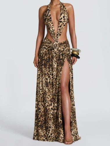 Leopard Print Plunge Cutout High-Slit Maxi Dress