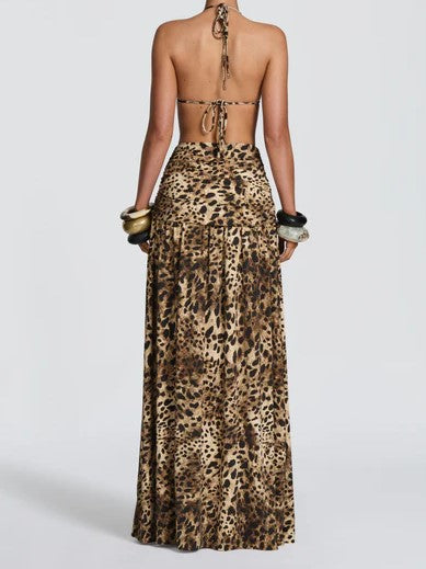 Leopard Print Plunge Cutout High-Slit Maxi Dress