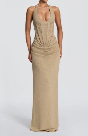 Sand Beige Knit Corset Drop-Waist Maxi Dress