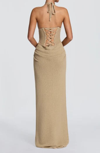 Sand Beige Knit Corset Drop-Waist Maxi Dress