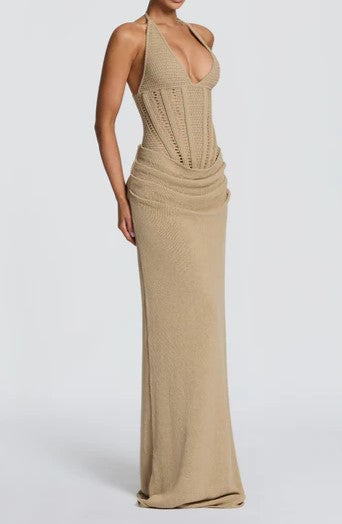 Sand Beige Knit Corset Drop-Waist Maxi Dress