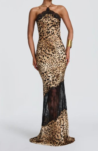 Leopard Print Lace Trim Spaghetti Strap Maxi Dress