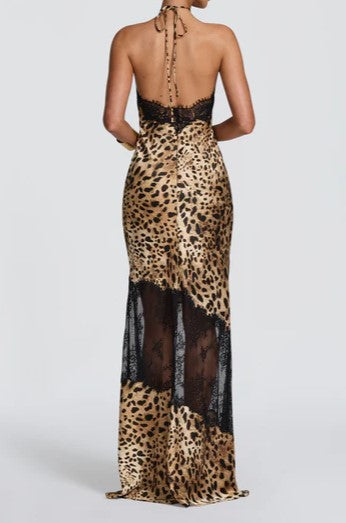 Leopard Print Lace Trim Spaghetti Strap Maxi Dress