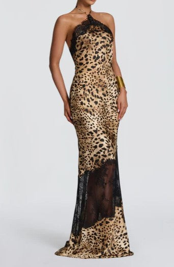 Leopard Print Lace Trim Spaghetti Strap Maxi Dress