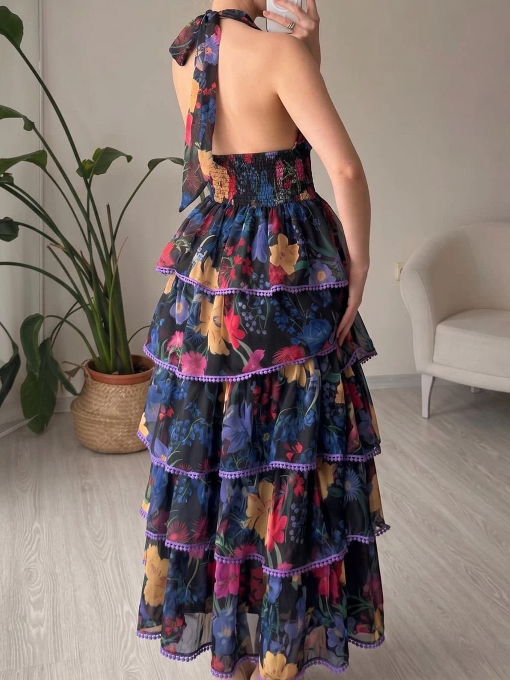 Black Floral Halter Tiered Maxi Dress