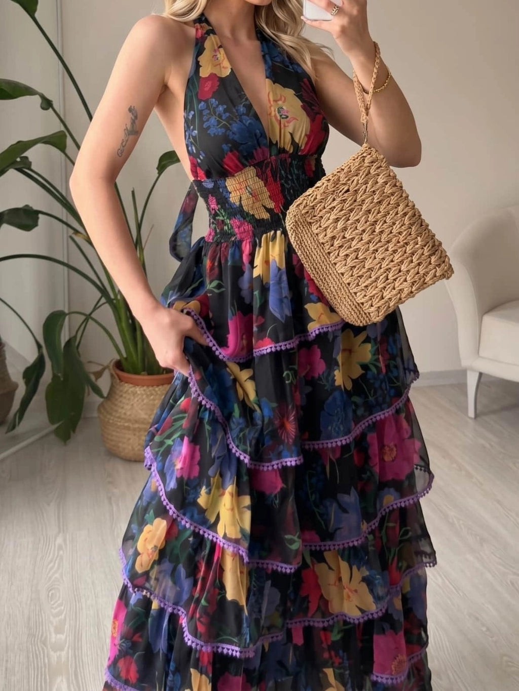 Black Floral Halter Tiered Maxi Dress