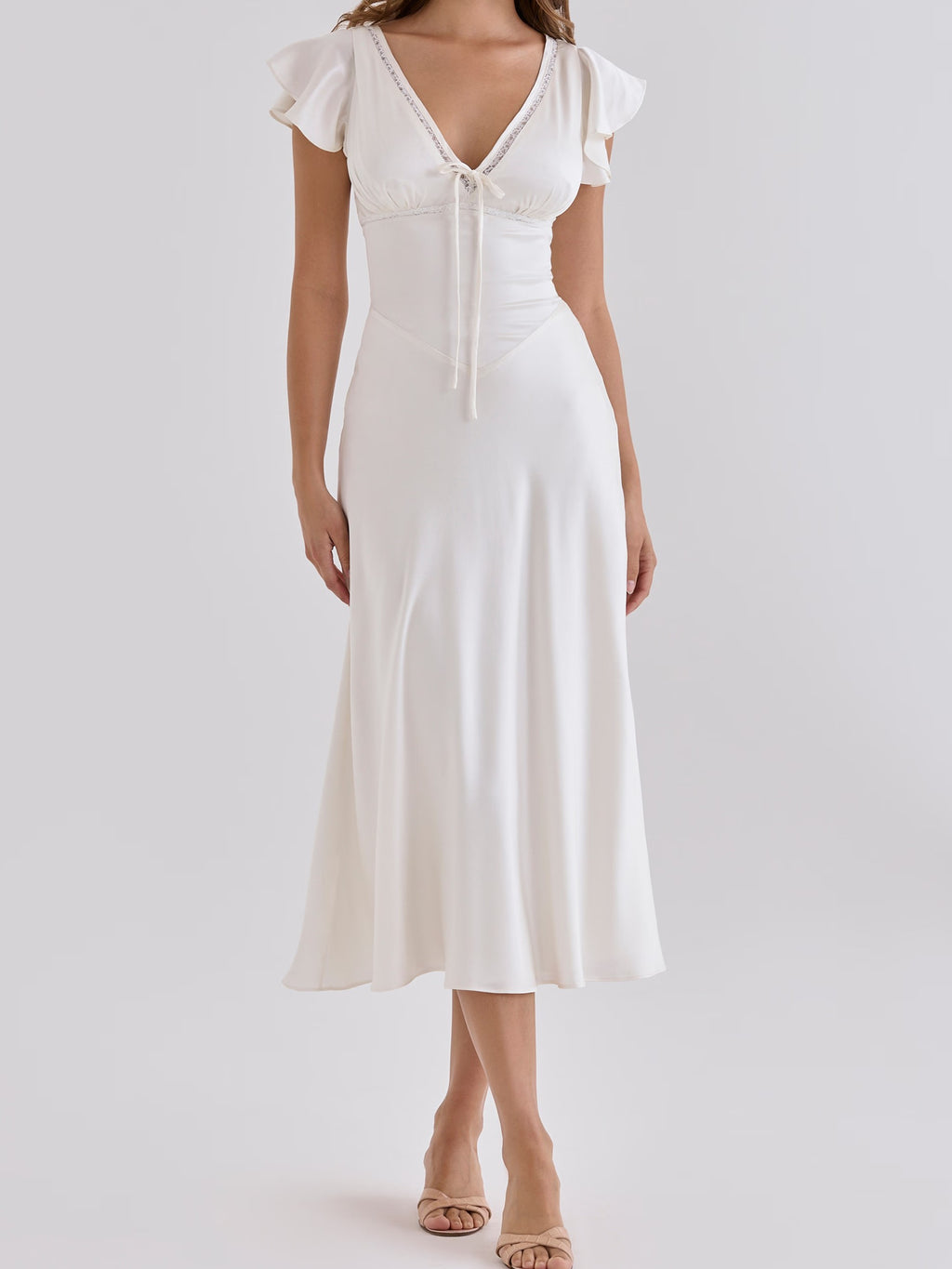 White Satin Flutter Sleeve Midi Dress