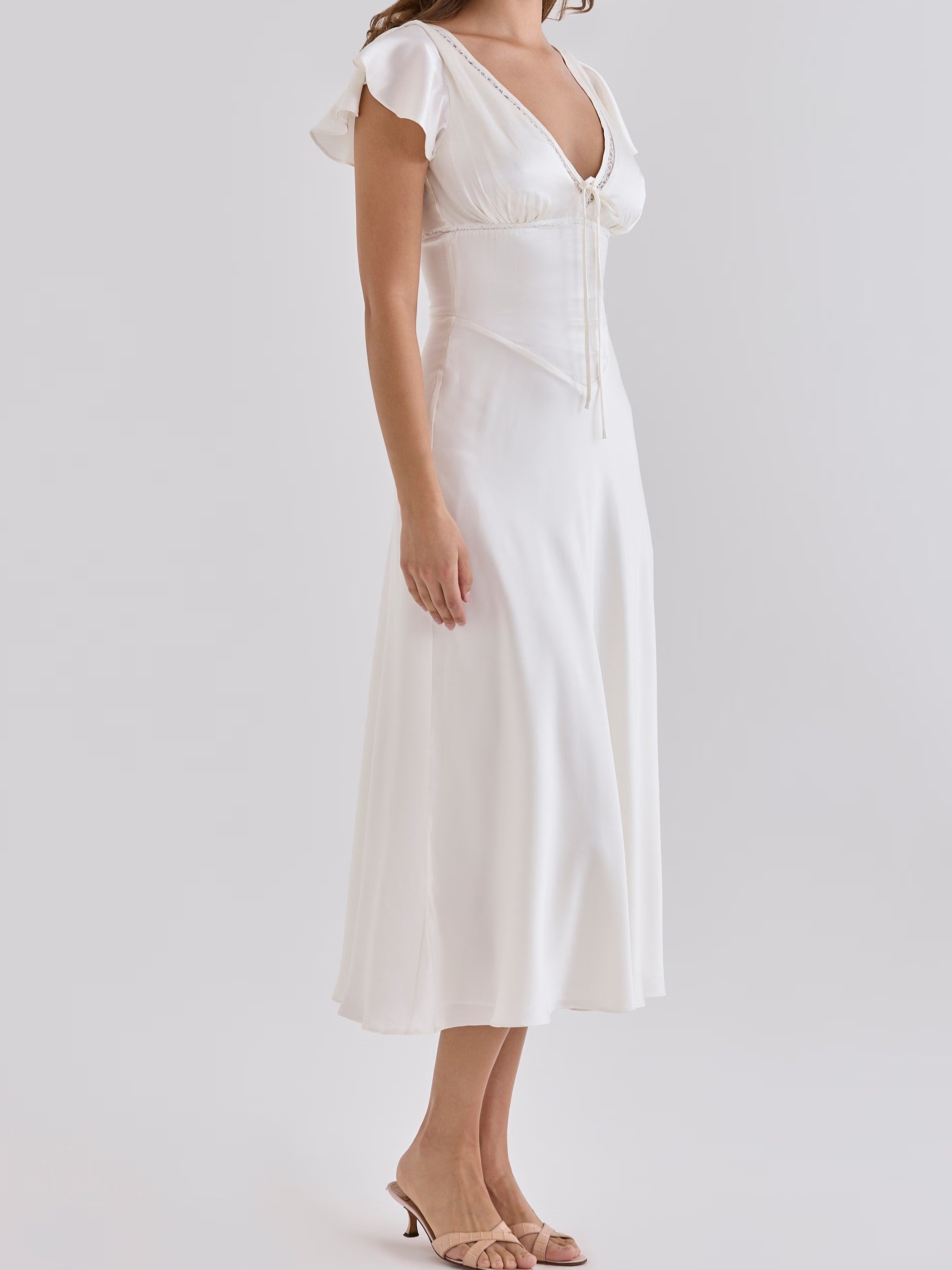 White Satin Flutter Sleeve Midi Dress