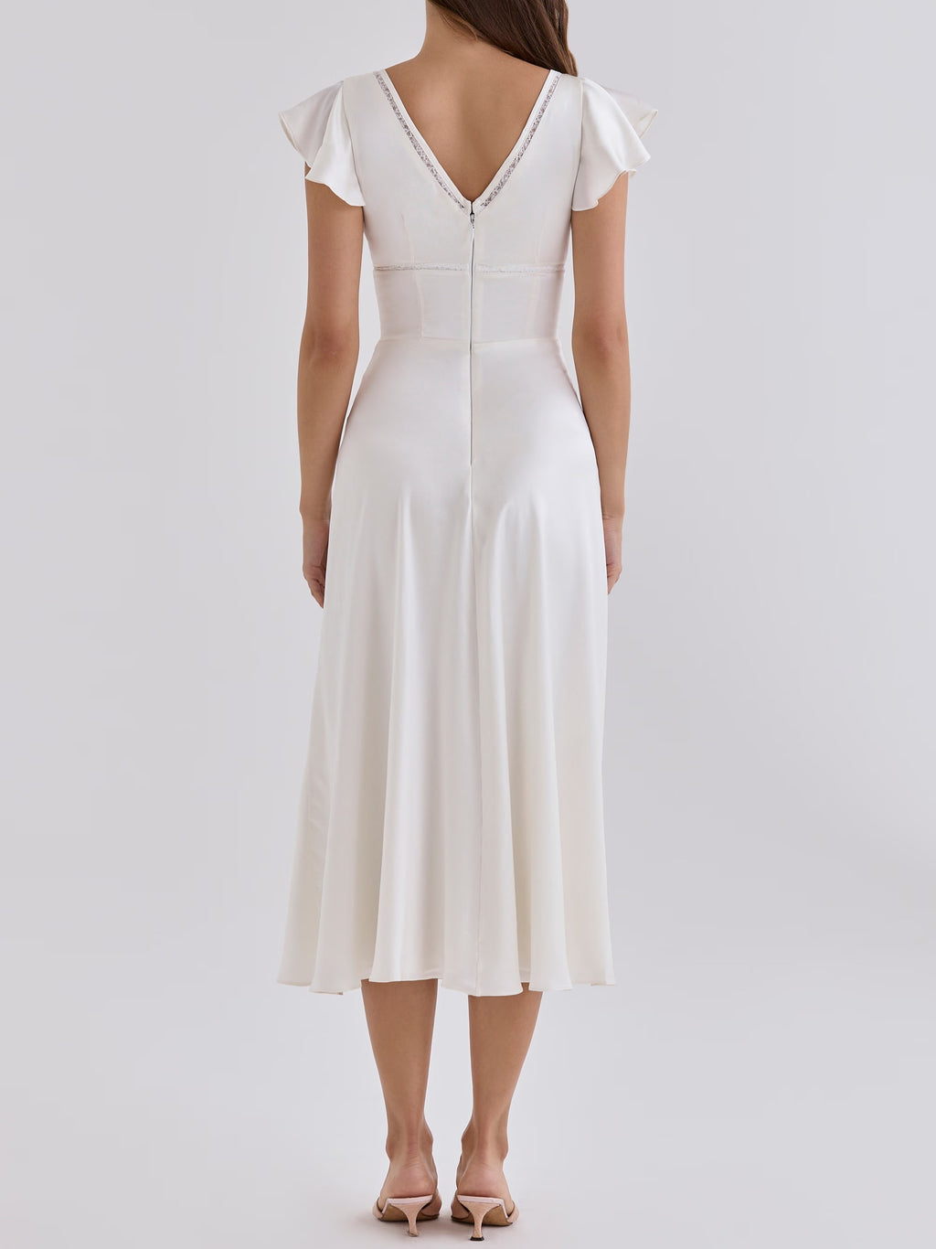 White Satin Flutter Sleeve Midi Dress