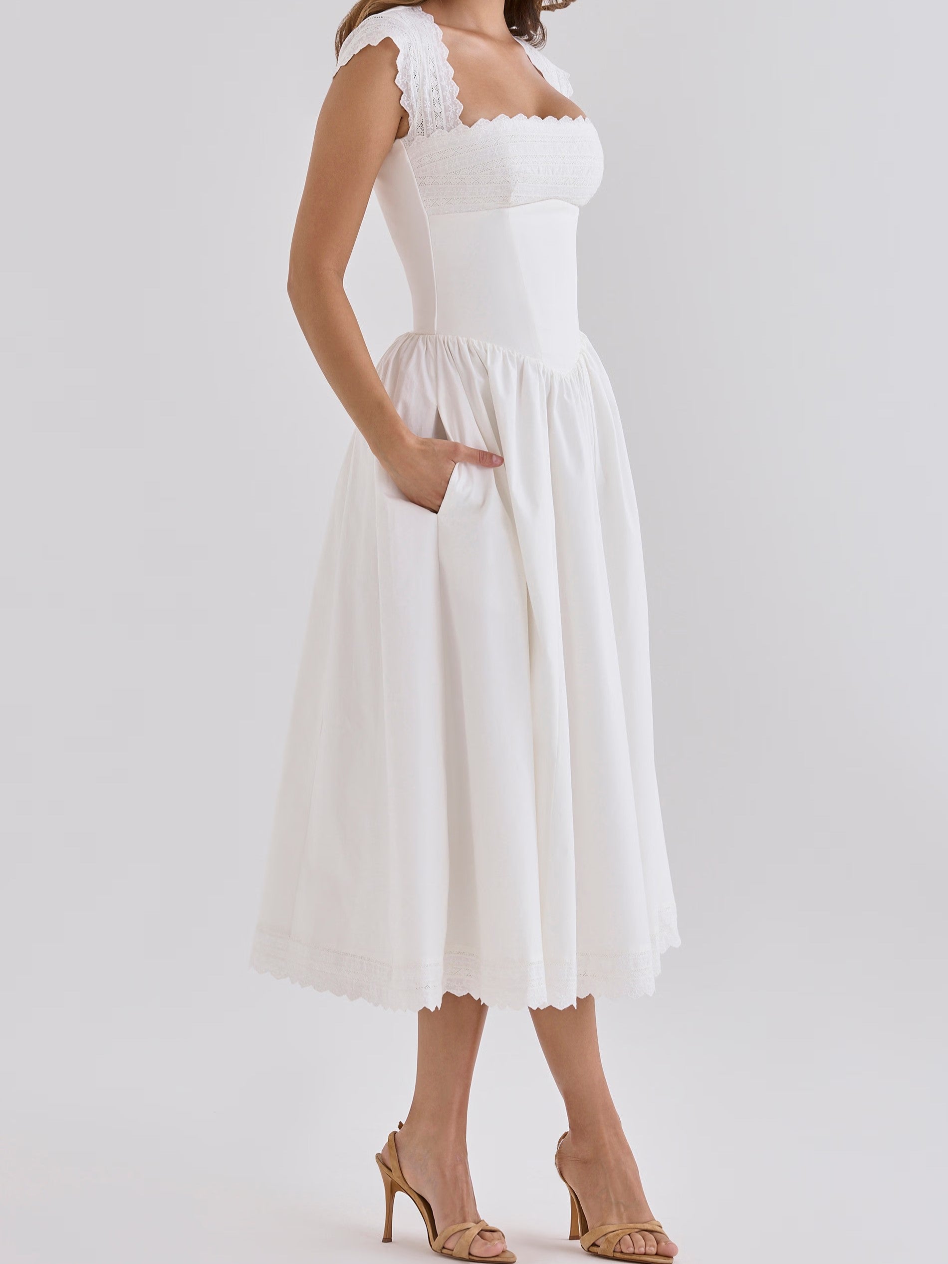 White Lace Trim Prairie Midi Dress