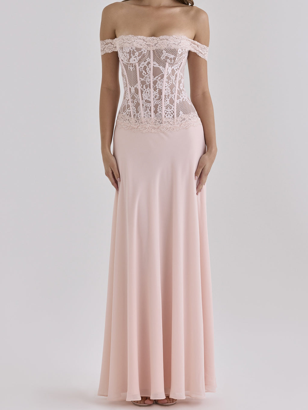 Blush Pink Lace Corset Chiffon Gown