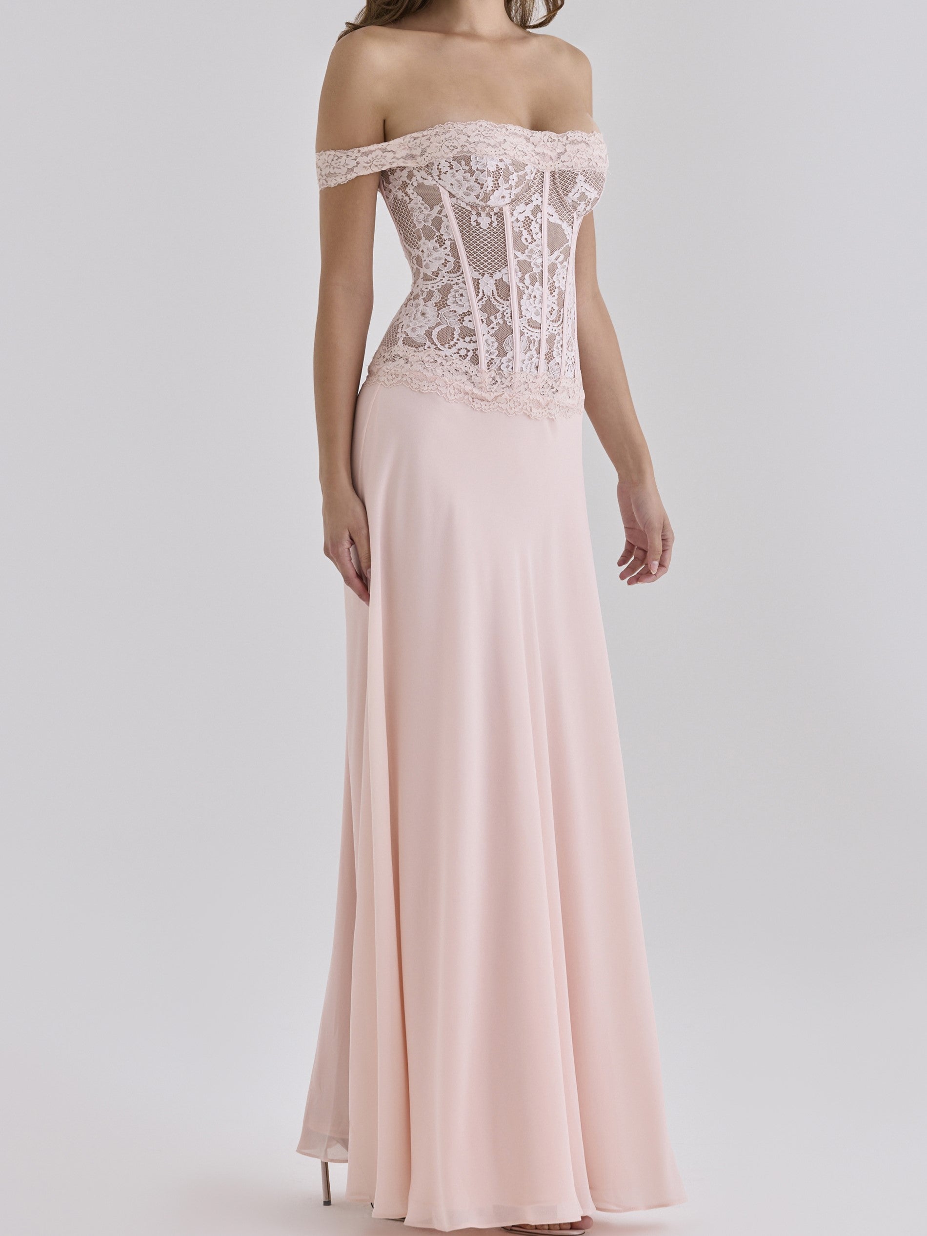 Blush Pink Lace Corset Chiffon Gown