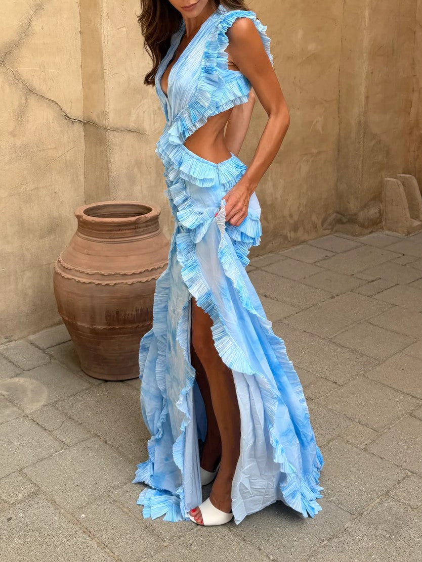 LightBlue Ruffle Cutout Tiered Maxi Dress