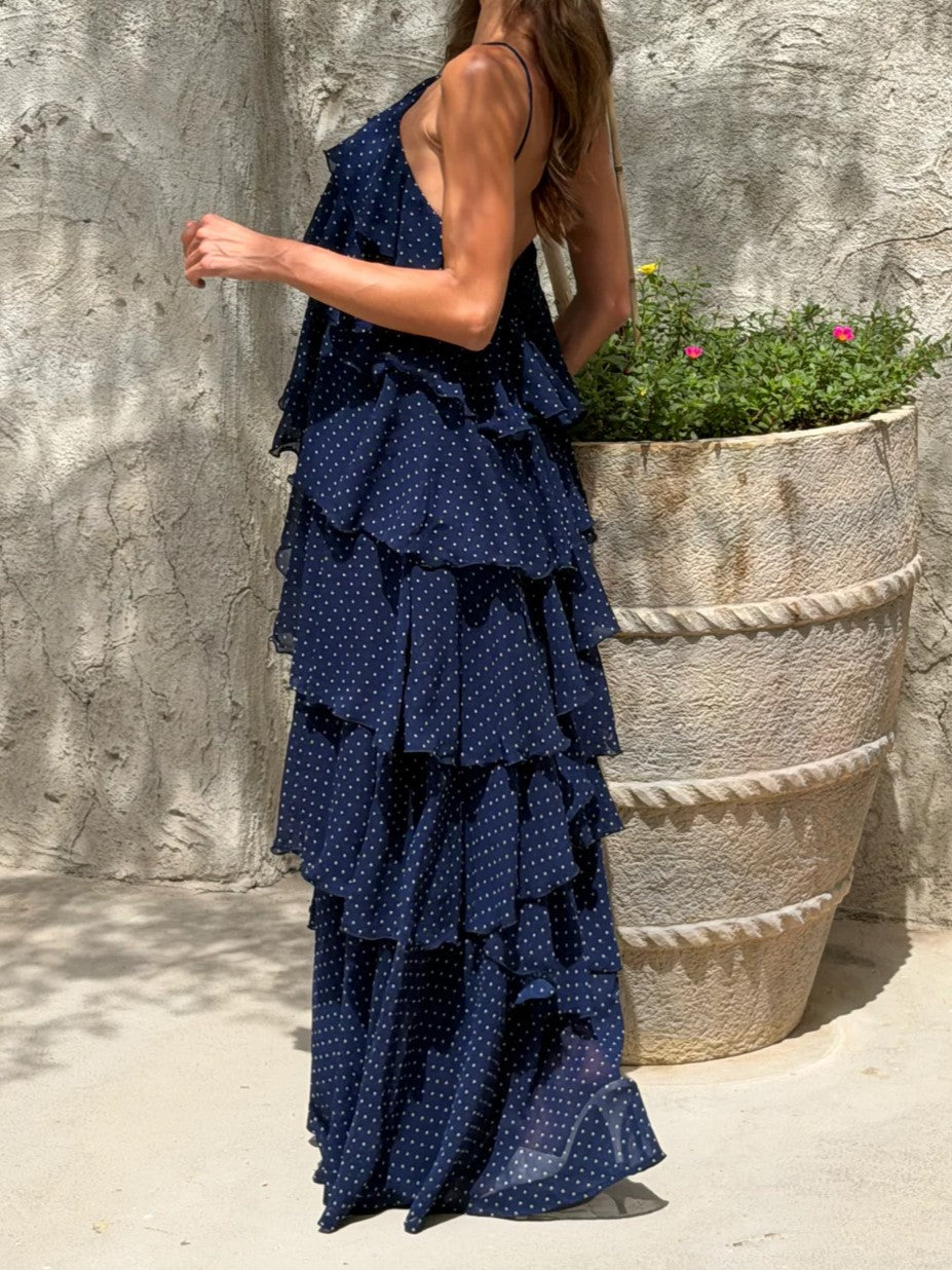Navy Polka Dot Spaghetti Strap Tiered Chiffon Maxi Dress