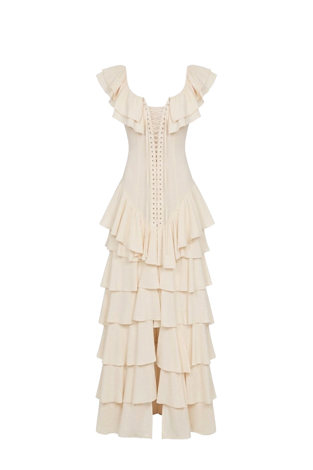 Cream Layered Ruffle A-Line Midi Dress