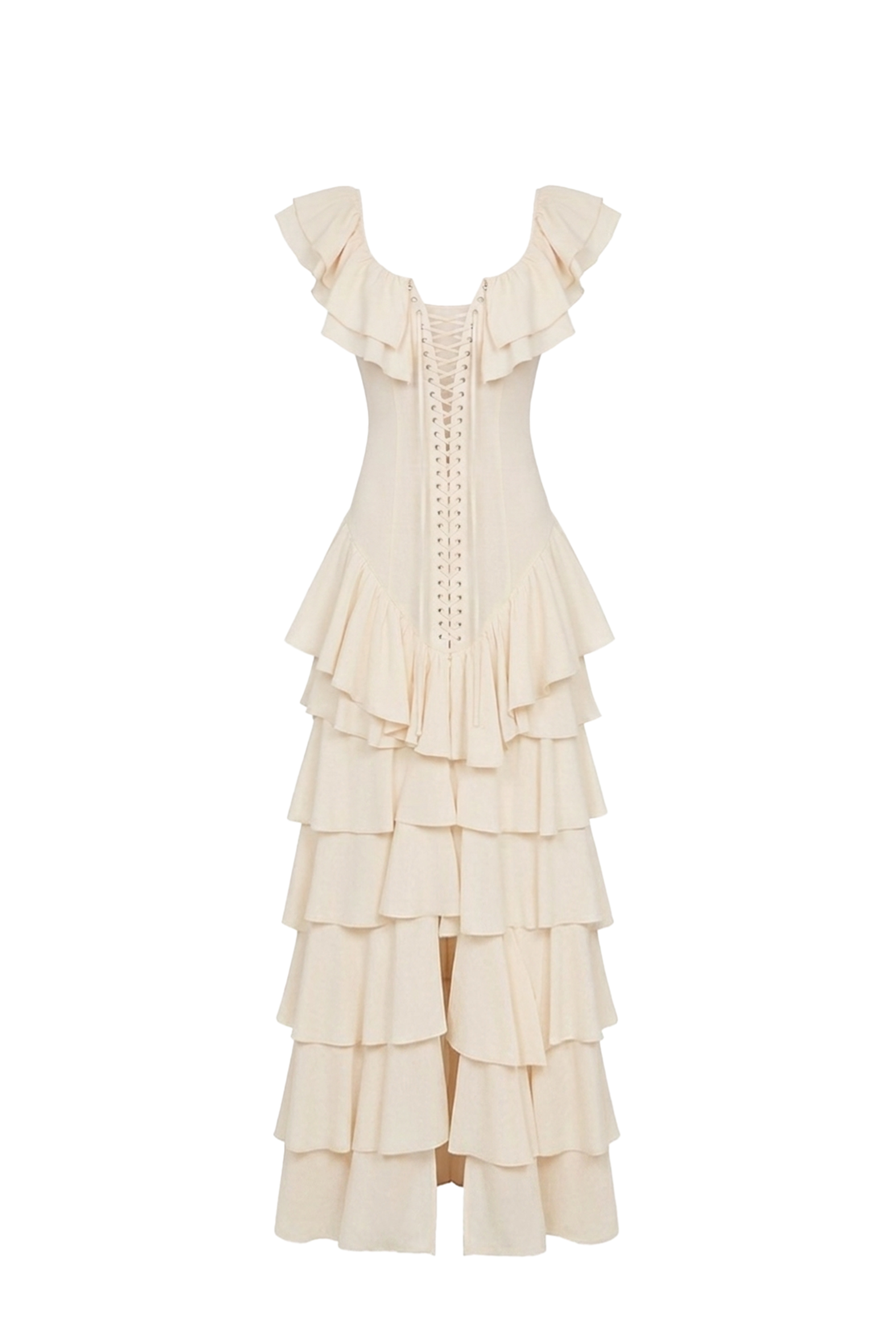 Cream Layered Ruffle A-Line Midi Dress