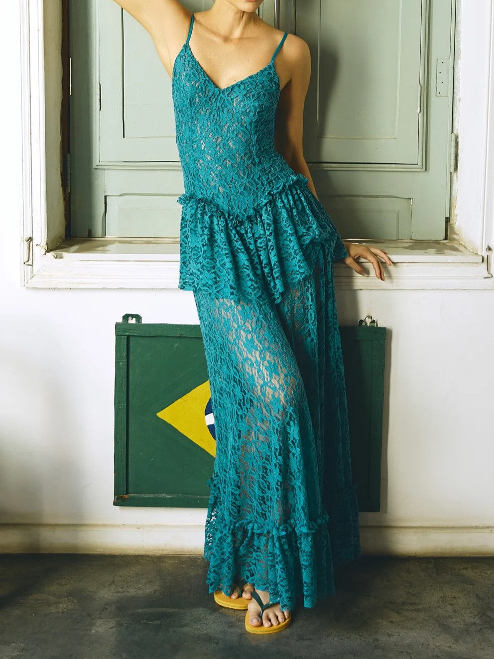 Teal Lace Spaghetti Strap Drop-Waist Maxi Dress