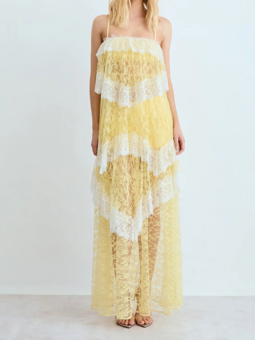 Baby Blue Sheer Lace Tiered Spaghetti Strap Maxi Dress