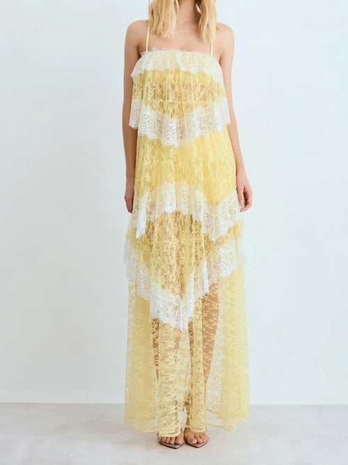 Baby Blue Sheer Lace Tiered Spaghetti Strap Maxi Dress