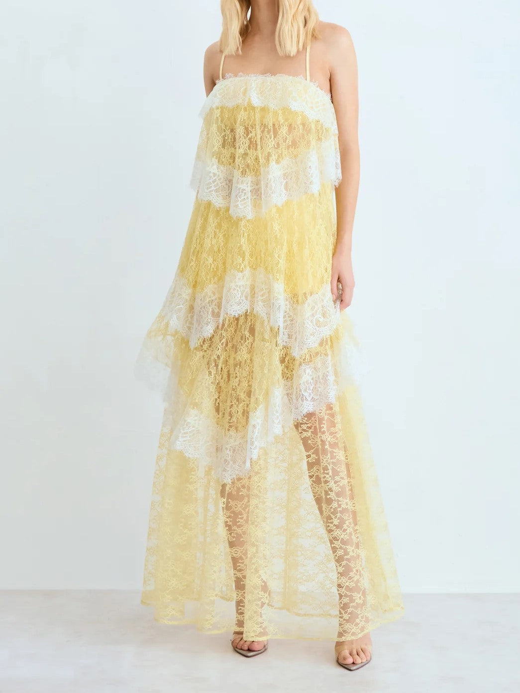Baby Blue Sheer Lace Tiered Spaghetti Strap Maxi Dress