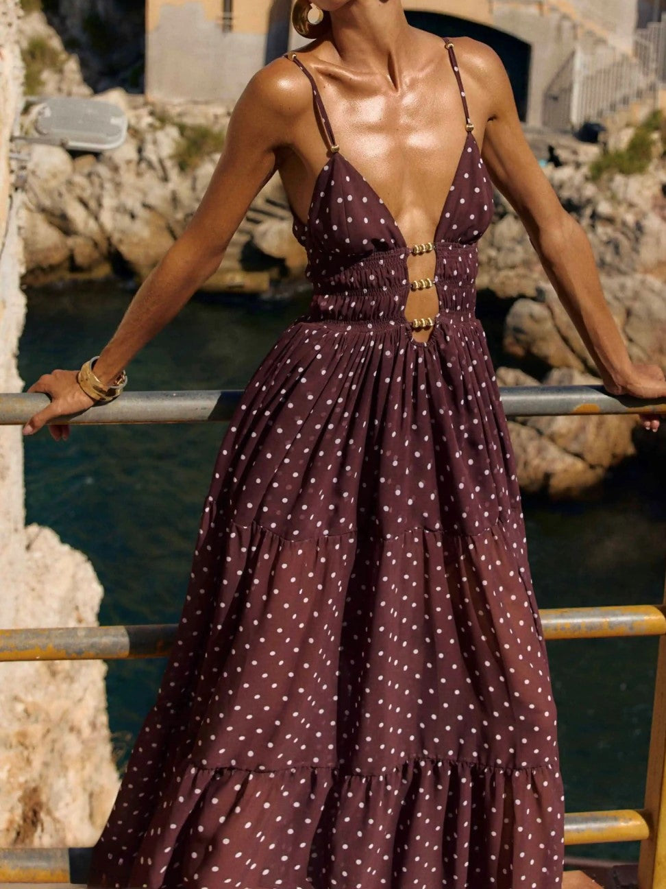 Burgundy Polka Dot Gold Detail Maxi Dress