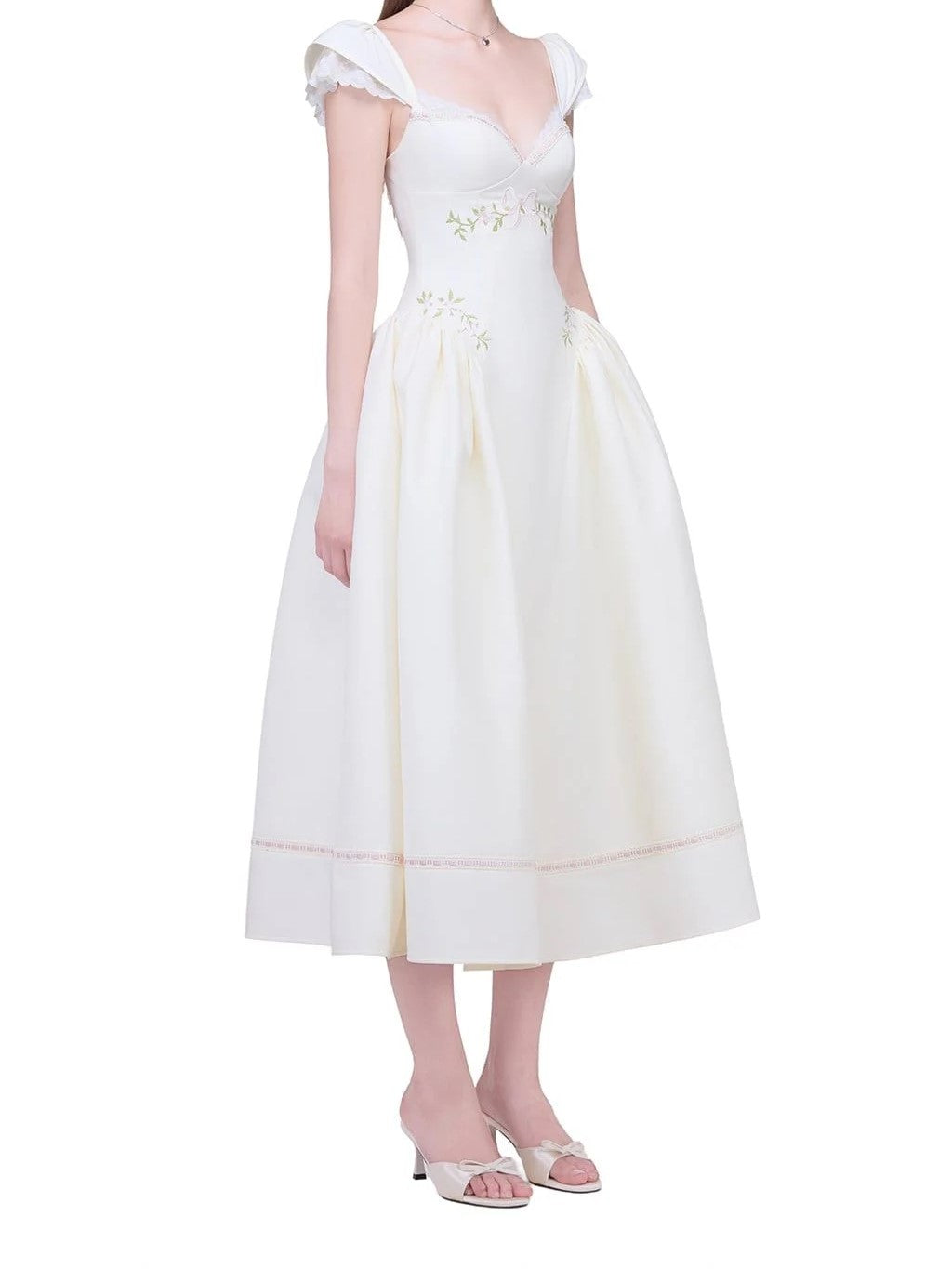 White Embroidered Cap Sleeve A-Line Dress