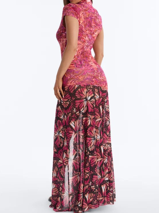 Pink Butterfly Print High-Slit Maxi Dress