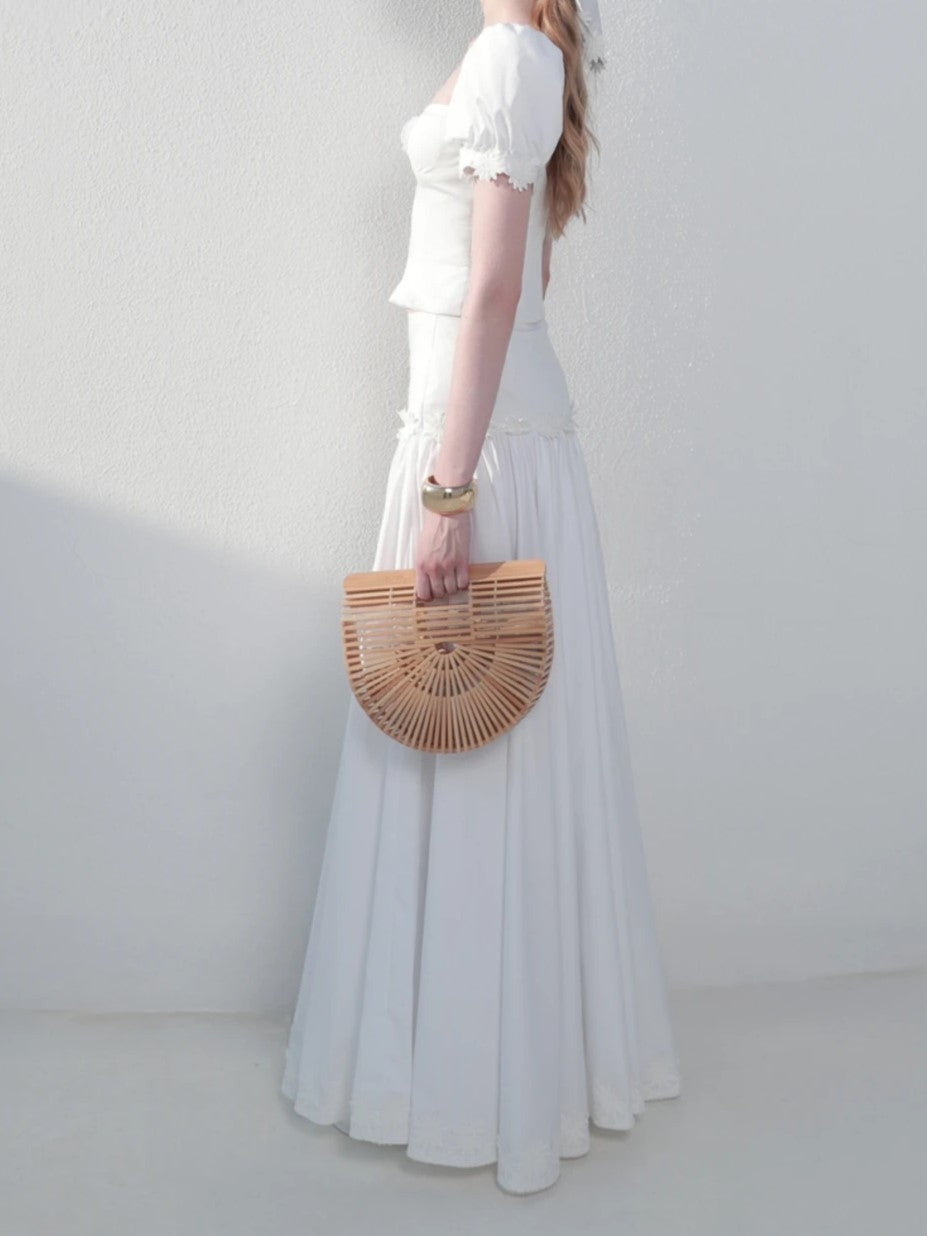 White Puff Sleeve Two-Piece Maxi Skirt Set