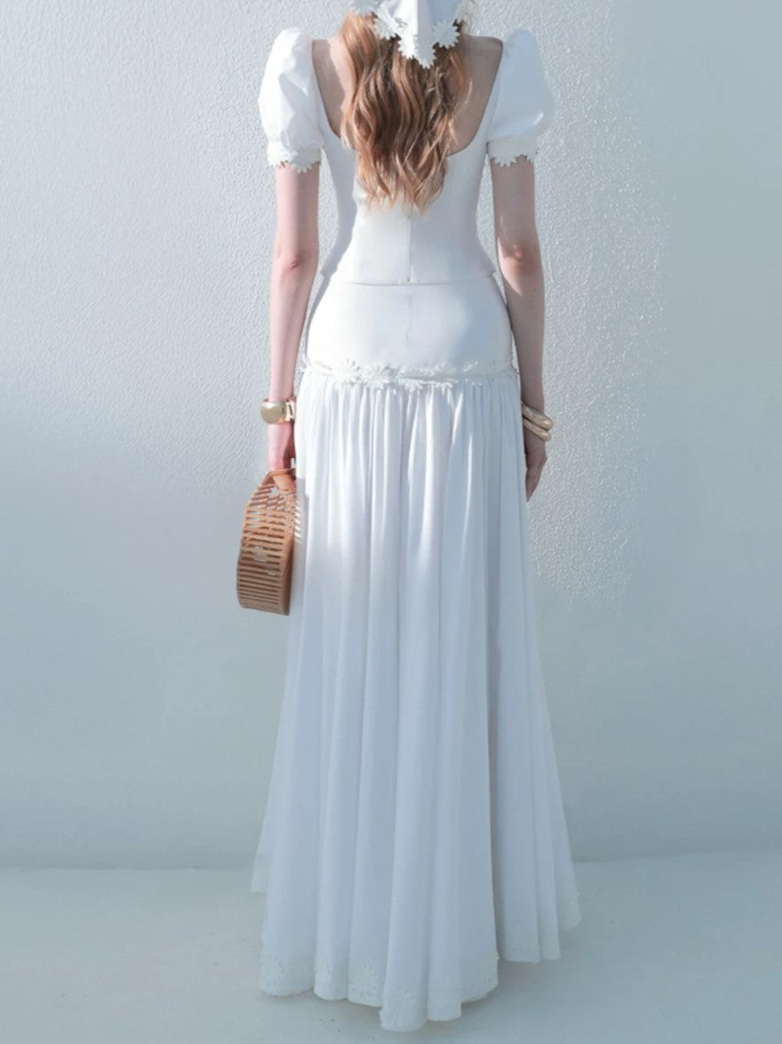 White Puff Sleeve Two-Piece Maxi Skirt Set