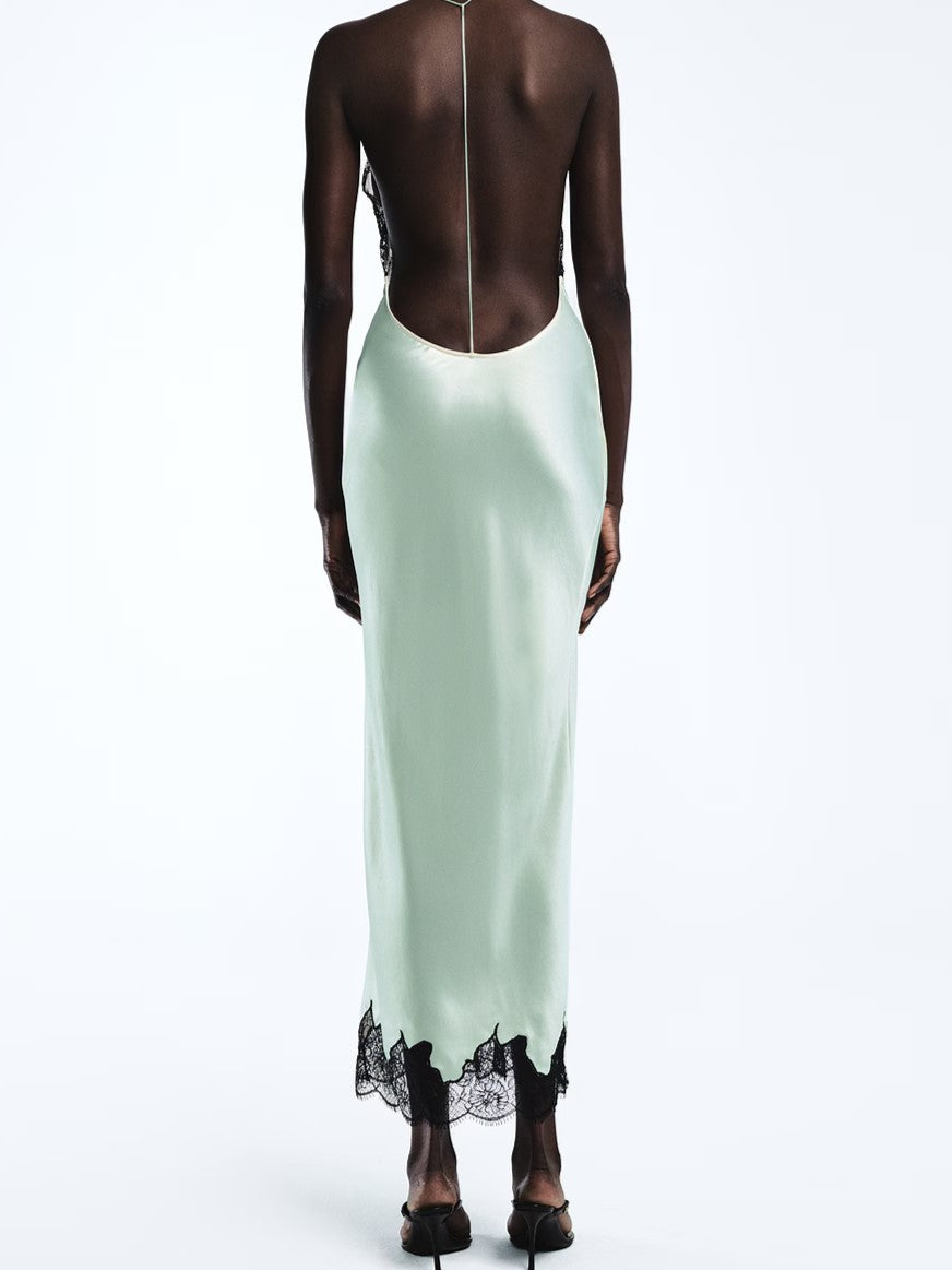 Mint Green Satin Lace Trim Slip Dress