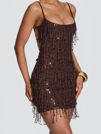 Lime Green Sequin Fringe Mini Dress