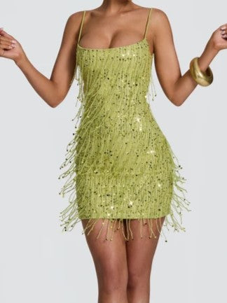 Lime Green Sequin Fringe Mini Dress
