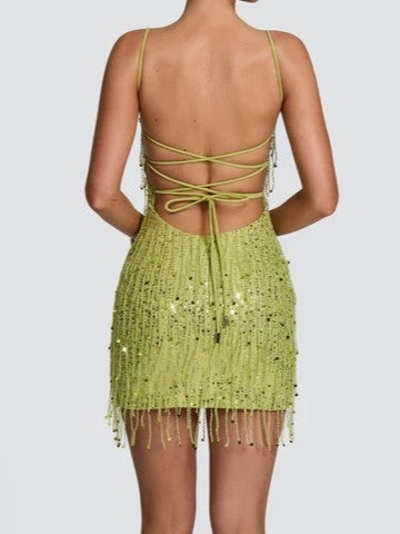 Lime Green Sequin Fringe Mini Dress