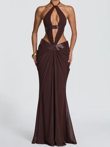 Yellow Cutout Halter Mermaid Maxi Dress
