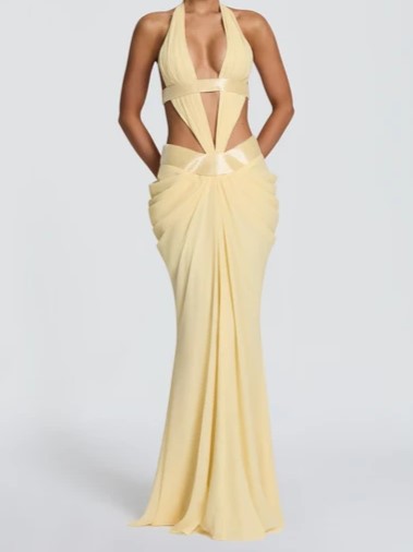 Yellow Cutout Halter Mermaid Maxi Dress