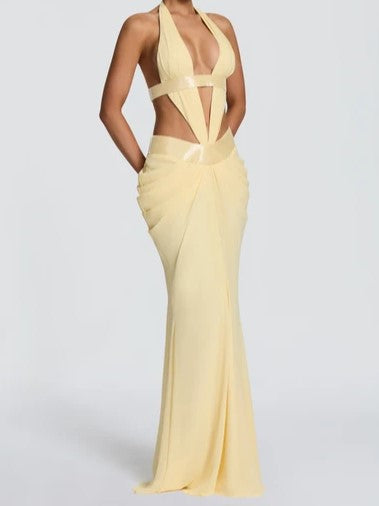 Yellow Cutout Halter Mermaid Maxi Dress
