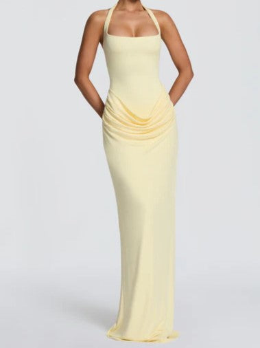 Yellow Draped Halter Maxi Dress