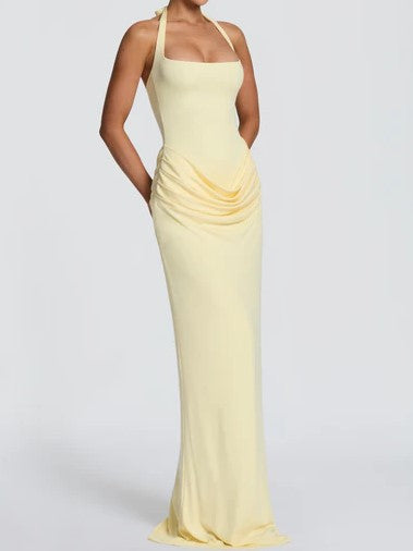 Yellow Draped Halter Maxi Dress