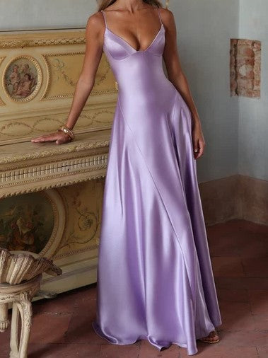Deep Plum Satin A-Line Maxi Dress