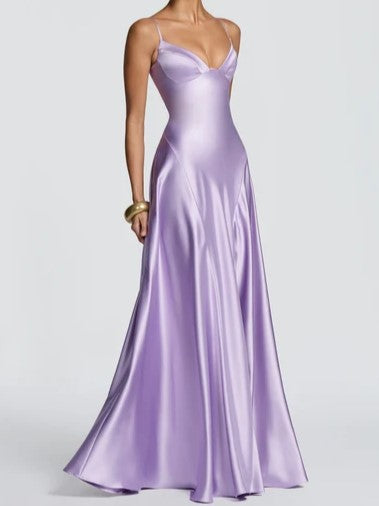 Deep Plum Satin A-Line Maxi Dress