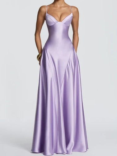 Deep Plum Satin A-Line Maxi Dress