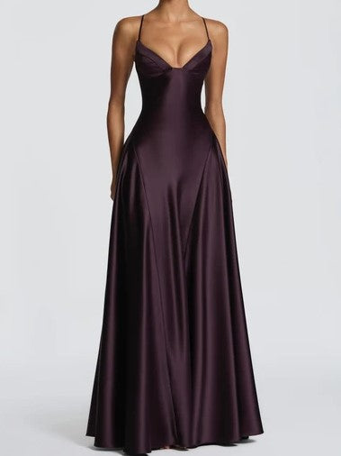 Deep Plum Satin A-Line Maxi Dress