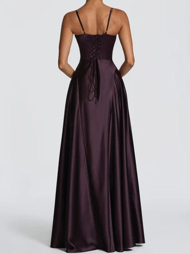 Deep Plum Satin A-Line Maxi Dress