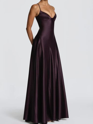 Deep Plum Satin A-Line Maxi Dress