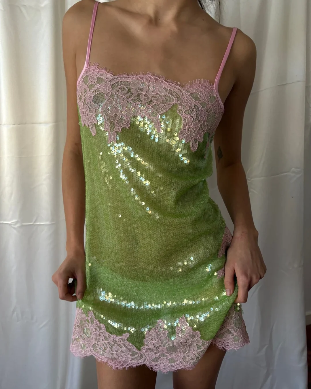 Green Sequin Lace Trim Mini Dress